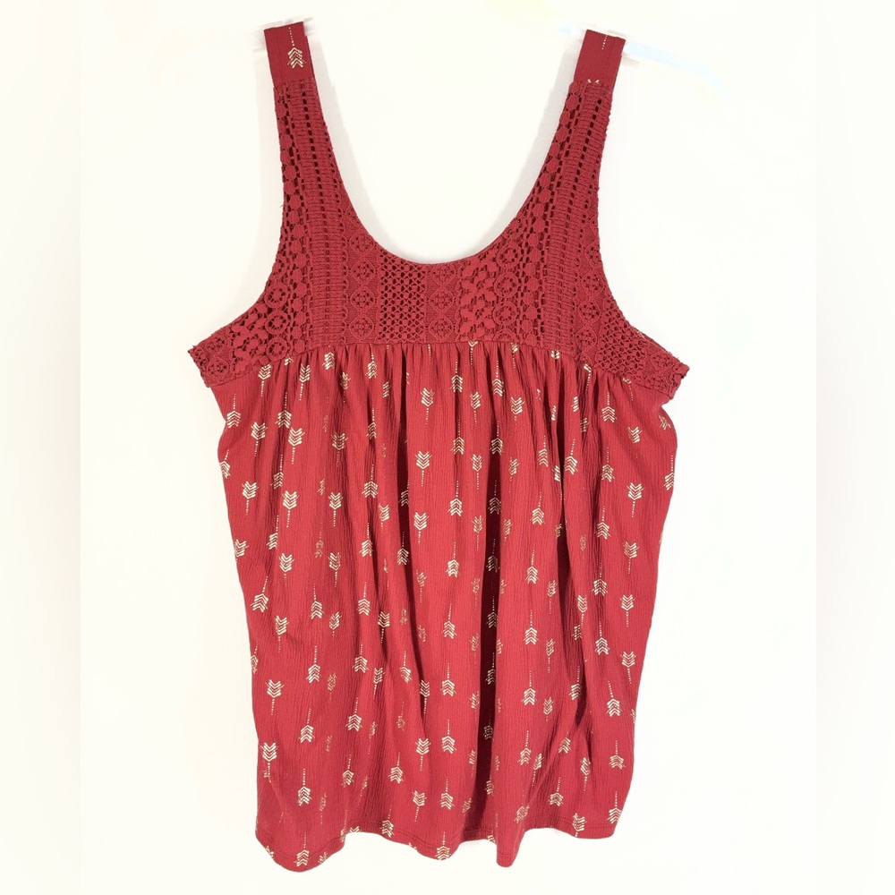 Maurices Flowy Burgundy Red Rust Bohemian Chic Gold Arrow Tank‎ Top Women's XXL